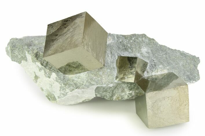 Three Gleaming Pyrite Cubes In Rock - Navajun, Spain #343201